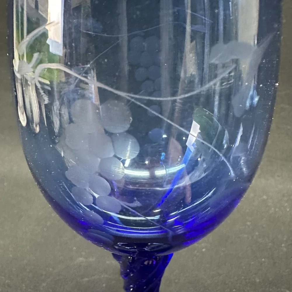 Vintage Cobalt Blue Wine Glass, Twisted stem, Etched Grape And Vine, Set of 2